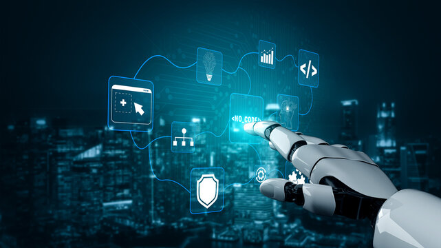 Futuristic Robot Hand Interacting with Digital Technology Icons in a City Skyline Background Representing Artificial Intelligence and Automation Concepts Quark.
