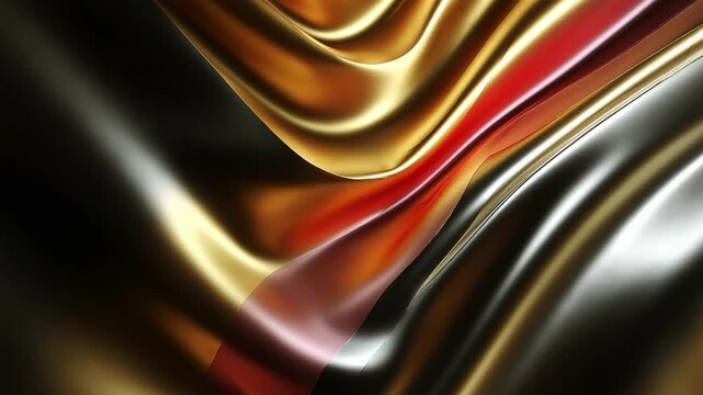 Luxurious satin fabric in gold, black, and reddish tones gently undulates, creating dynamic folds and bright light reflections on its glossy surface