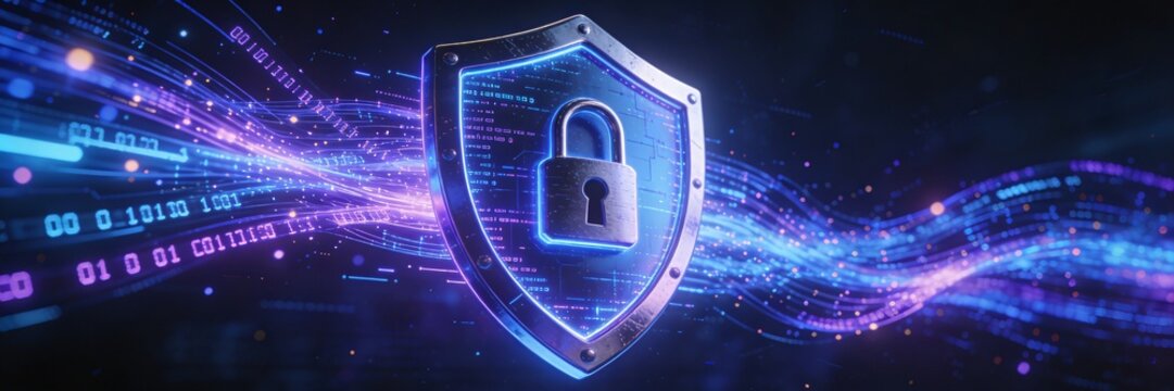 Cybersecurity shield with padlock icon on digital background, network security and data protection concept, glowing blue and purple binary code stream