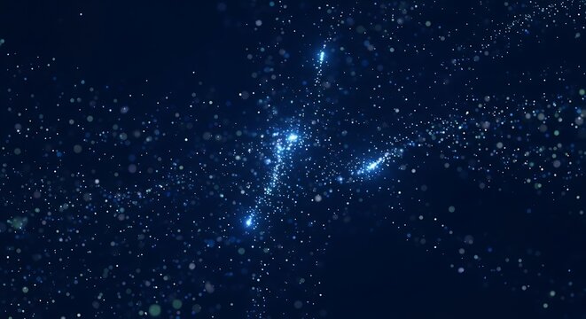 Abstract blue particles and light streams on a dark background, suggestive of space or energy