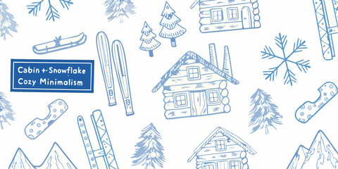 Winter wonderland pattern with cabins skis and snowflake motifs © Bithi