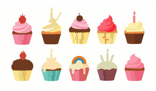 Cute cartoon cupcakes flat color icon set with birthday party dessert cakes vector illustration