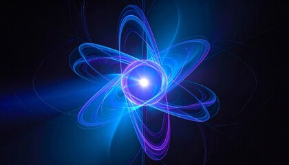 Stylized glowing atom with bright nucleus, blue orbiting electron paths, energy radiating, scientific symbol of atomic structure, physics, chemistry, quantum mechanics, futuristic design.