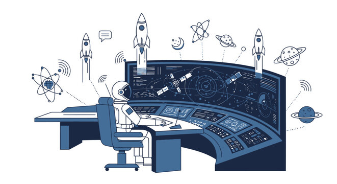 Vector illustration of space mission control room with desk, chair, and spacecraft