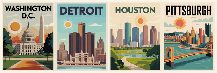 Set of four vintage-style travel posters featuring Washington DC, Detroit, Houston, and Pittsburgh skylines. Retro vector illustration with mid-century colors, bold shapes, and classic tourism poster 