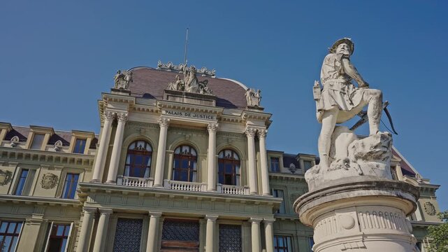 William Tell Monument and Palais de Justice in Lausanne, Switzerland.Filmed on September 9 ,2025.Editorial footage.