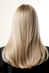 Naklejka premium In a bright, softly lit environment, a person stands with straight blonde hair cascading down their back. The hairstyle reflects elegance and simplicity against a clean backdrop Generative AI