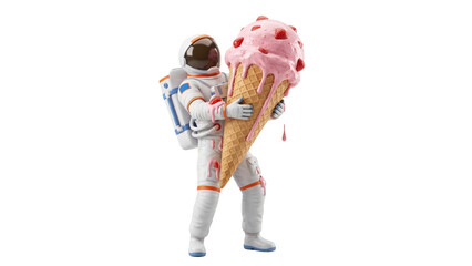 3D rendering of an astronaut holding a giant strawberry ice cream cone isolated on white.  png © Omishu Makes