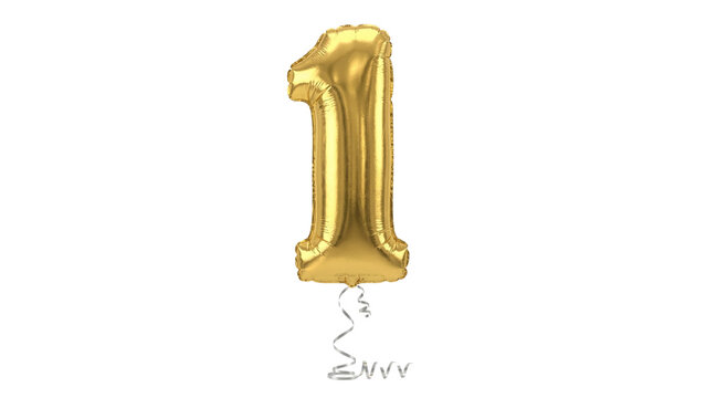 Shiny gold foil balloon number one isolated on white background, first birthday concept.  png