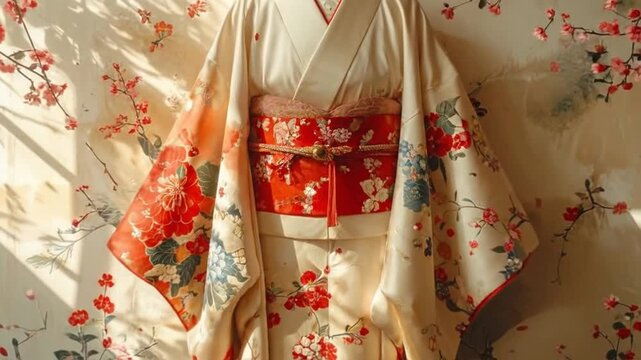 Elegant Japanese kimono with floral patterns hanging on a wall, illuminated by sunlight, creating a serene atmosphere.