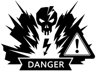 Warning skull symbol with danger sign and lightning bolt effect