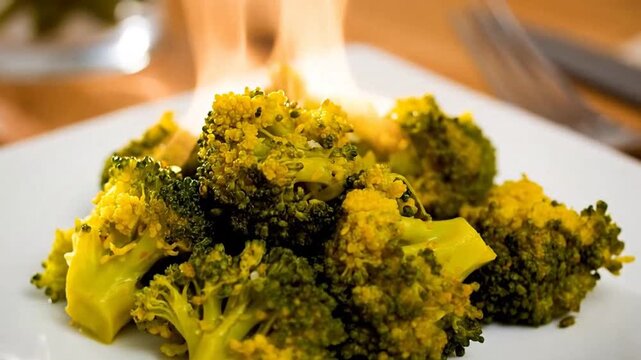 Close-up shot of cooked broccoli florets served on a white square plate, ready to eat.