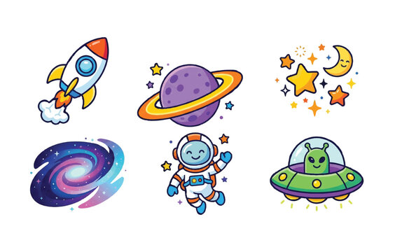 Flat Vector Space Adventure Clip Art Set &ndash; Minimalist Rocket, Astronaut, and Galaxy Illustrations for Kids and Web Design