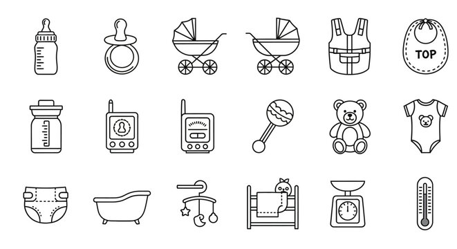 Baby Icons Set: Bottle, Pacifier, Stroller, Clothes, Toys, Bath, Bed, Scale