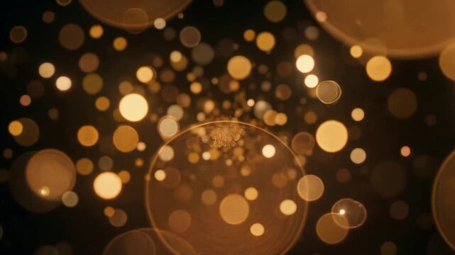 Golden bokeh light abstract background with glitter sparkle and glowing defocused warm amber circles dark blur backdrop, festive holiday atmosphere, elegant luxury texture for banner poster copy space
