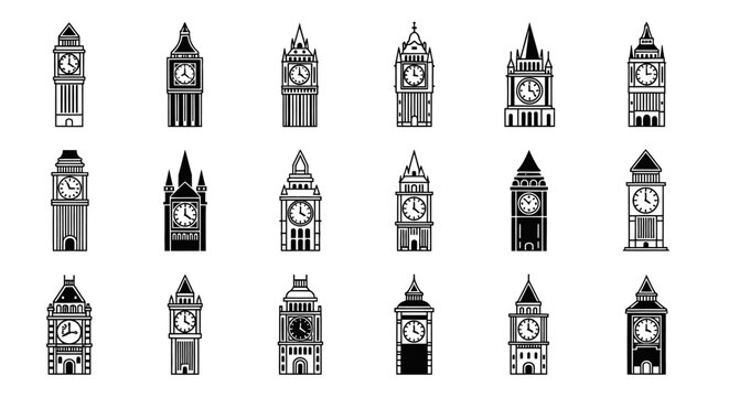 Big Ben Clock Tower Icons Set, London Landmark Collection, Silhouette Vector Art