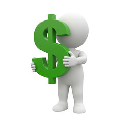3d figure holding a green dollar sign, isolated on transparent background