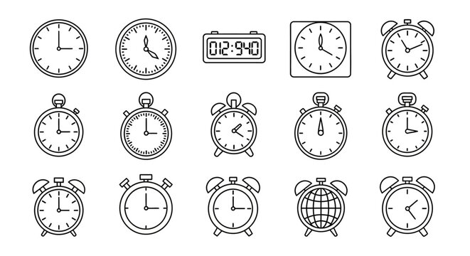 Collection of assorted clock icons, alarm clocks, stopwatch, digital display