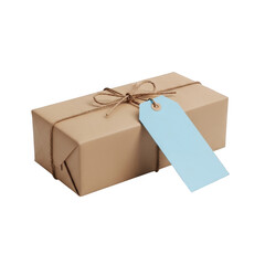 Brown cardboard box with blue tag isolated on transparent background