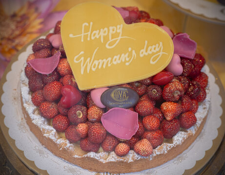 Wild strawberry cake with a heart-shaped message for 8 March, for the women, of the famous Cova pastry shop in Montenapoleone, Milan. 07 March 2026