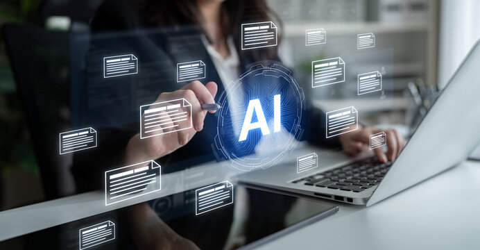 AI document automation concept with floating files and knowledge cards. Document NLP processing, search, document summarization, LLM document management for DMS enterprise workflows. Corpus