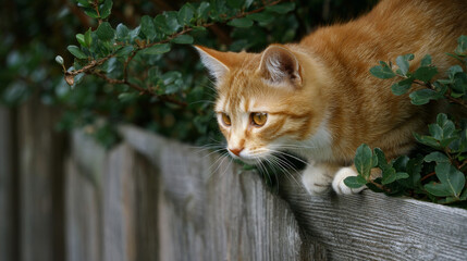 Ginger cat sneaking along a wooden fence outdoors in natural daylight, curious feline balancing carefully on rustic backyard fence.