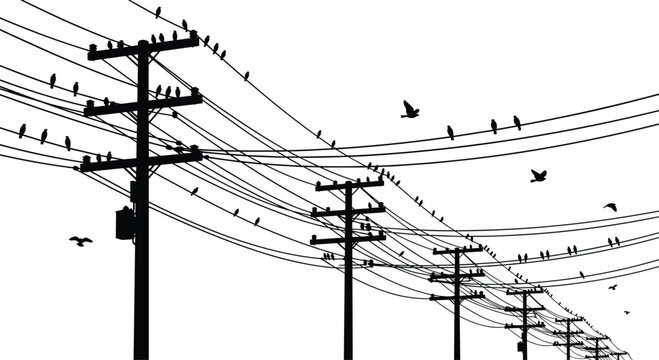 Black silhouettes of birds sitting on electric power lines and utility poles set featuring flying crows isolated on white background
