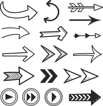 Collection of hand drawn black and white arrows and directional symbols