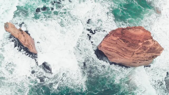 Aerial view of Twelve Apostles from drone, Australia. Collection of limestone stacks. Slow motion