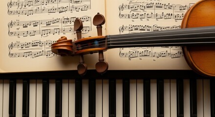 Naklejka premium Violin on piano keyboard with sheet music