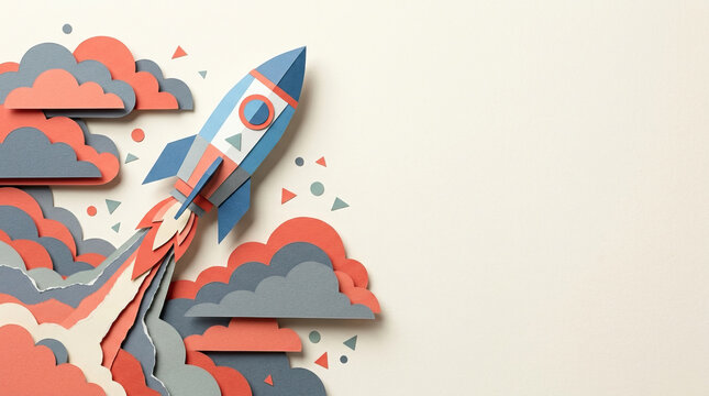 Paper rocket launch with colorful clouds and smoke, creative concept for innovation and success, dynamic design with blue and coral tones