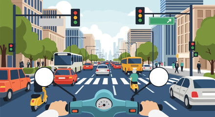 City Traffic Scene from Scooter POV, Urban Commute, Cars, Bus, Traffic Lights © punduh