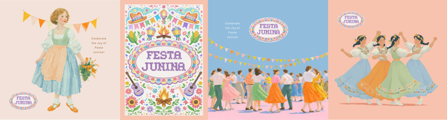 Fototapeta premium Festa Junina vector poster collection with traditional dancers, colorful flags, bonfire and folk costumes. Brazilian June festival celebration design featuring festive ornaments and cultural elements.