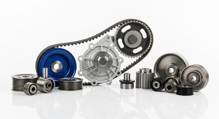 Obraz premium A collection of various car engine parts are displayed on a white surface