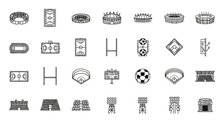 Sports Stadium Icons Collection: Stadiums, Fields, Soccer Ball, Basketball Court © Anisah