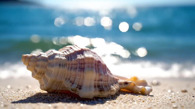 Seashell on Sandy Beach with Ocean Waves and Sunlight.