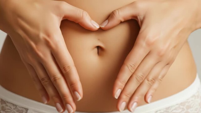 Woman's hands forming a heart shape over her flat, toned stomach, symbolizing love, health, and digestive wellness in a bright studio setting.