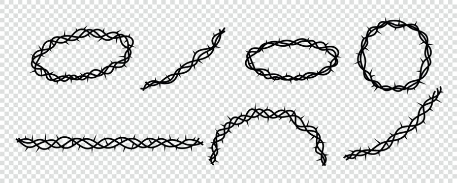 Christian Circle Thorn Crown Branch Icon Set. Christ Thorns of Crown Frame for Friday Sunday Kit. Vector Graphic Elements in Transparent Png Bg