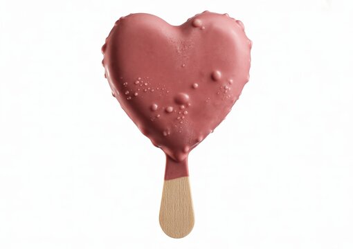 Close up photograph of a pink heart shaped ice cream bar with a wooden stick on a white background popsicle