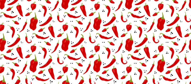 Red hot chili pepper mix seamless pattern with habanero and cayenne on white background, spicy food vector