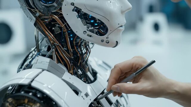 Close-up of scientist meticulously adjusting the face of a sophisticated white android robot with glowing blue internal mechanics using precision tools in a futuristic lab setting.