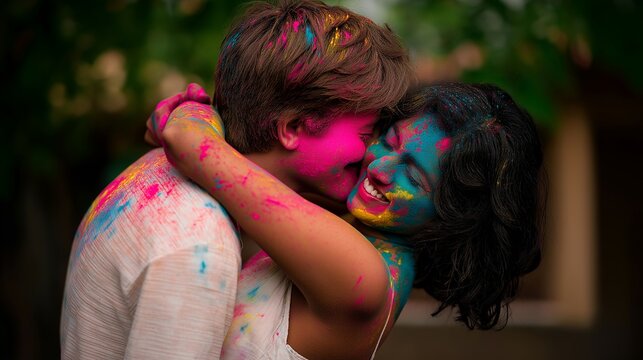 Holi couple celebrating with color powder in romantic spring moment, joyful festival, traditional Indian culture, relationship happiness, vibrant celebration, cultural experience, and modern love