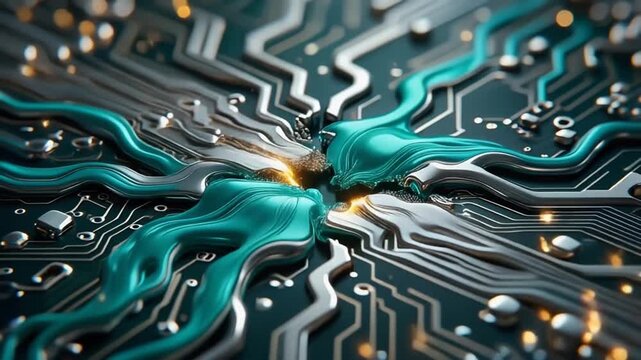 Broken electrical circuit trace with aqua silver liquid metal flowing to bridge gap, circuit board texture background, electronics cinematic seamless loop 5 seconds