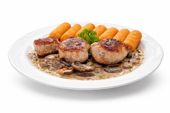 Schweinelende mit Rahmchampignons und Kroketten auf wei&szlig;em Teller, auf weiss freistehend.