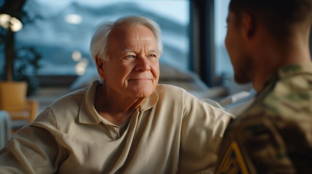 Elderly veteran receiving palliative care with military chaplain present in a veteran specialized hospital, perfect for veteran end of life care, military chaplaincy, veteran healthcare, modern