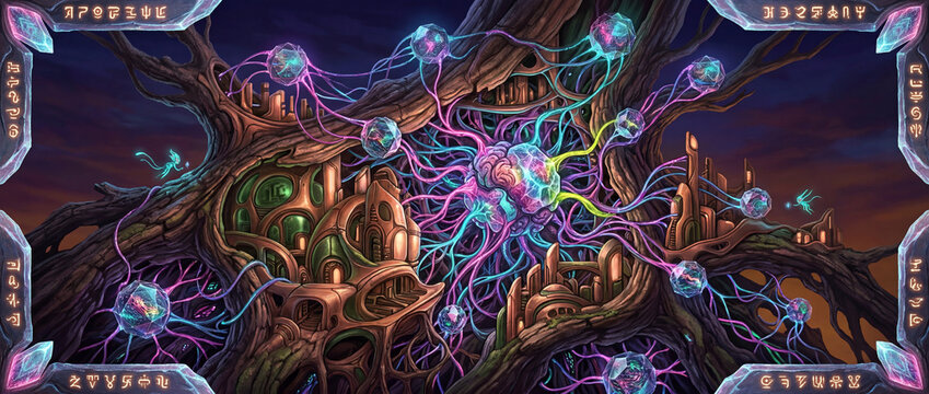 Alien world network with glowing brain crystal connecting structures