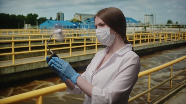 Female scientist using handheld air sampler at wastewater treatment plant