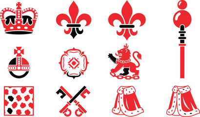 Fleur De Lis Icon Set Isolated. Fleur-de-lis emblem Vector Vintage White and Black outline icon. traditional medieval heraldry symbol. © Joy01