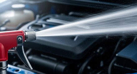 Fototapeta premium High pressure water jet cleaning car engine with red nozzle close-up view
