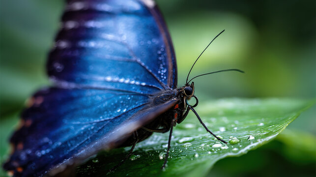 Blue Morpho Butterfly on Dewy Leaf